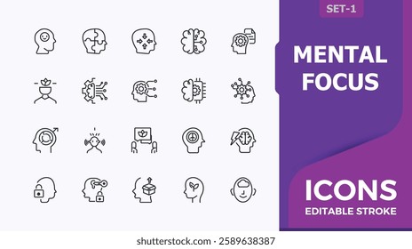 Mental focus linear icon. It contains symbols to relax, human, health, lotus, emotion, head. Icons for website. Vector illustration in modern line style. Minimalistic icon.