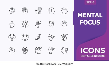 Mental focus linear icon. It contains symbols to relax, human, health, lotus, emotion, head. Icons for website. Vector illustration in modern line style. Minimalistic icon.
