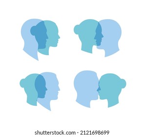 Símbolo de identificación mental y de género, problema mental bipolar, equilibrio emocional de relación, icono de cabezas de color azul, ilustración vectorial aislada