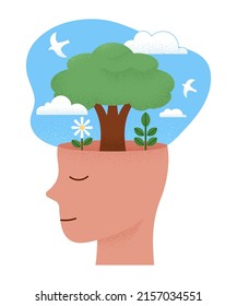 Crecimiento mental, cerebro feliz, saludable y pacífico. Ilustración vectorial del perfil de la persona del concepto de salud mental.