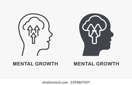 Mental Growth Silhouette and Line Icon Set. Potential Career Success Pictogram. Human Head with Arrow Up, Psychology Therapy, Intellectual Process Symbol Collection. Isolated Vector Illustration.