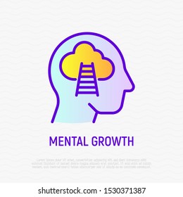 Mental growth thin line icon. Step ladder to cloud in silhouette of man head. Self development, motivation for success and wellbeing. Modern vector illustration.