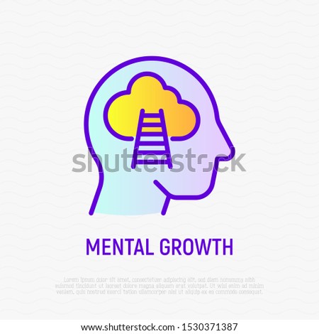 Mental growth thin line icon. Step ladder to cloud in silhouette of man head. Self development, motivation for success and wellbeing. Modern vector illustration.