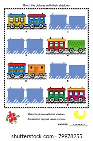 Mental gym visual logic puzzle: Match the pictures of toy train cars with their shadows ( for high res JPEG or TIFF see image 79978258 )