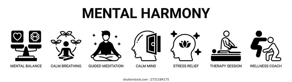 Mental Harmony web banner icon vector illustration concept with icon of mental balance, calm breathing, guided meditation, calm mind, stress relief, therapy session, and wellness coach.