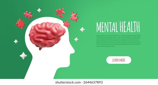 Mental health 3D cartoon plastic style vector landing page banner design. Psychology care therapy. Brain and puzzle pieces. Abstract wellbeing service learn more