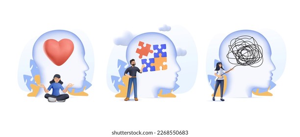 Mental health 3D illustration set. Man and woman with mental disorder fight against stress. 3D depression, emotional burnout and other psychological problems. Psychotherapy 3D Vector illustration