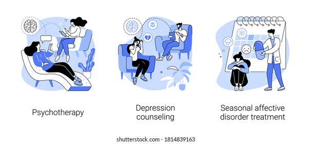 Mental health abstract concept vector illustration set. Psychotherapy, depression counseling, seasonal affective disorder treatment, behavioral cognitive therapy, private session abstract metaphor.