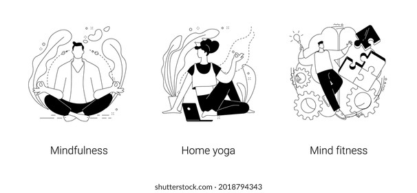 Mental health abstract concept vector illustration set. Mindfulness, home yoga, mind fitness, self-consciousness, focusing and releasing stress, anxiety treatment, quarantine abstract metaphor.