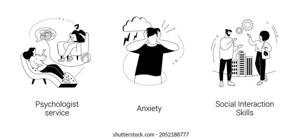 Mental health abstract concept vector illustration set. Psychologist service, anxiety, social interaction skills, family psychology, children therapy, panic attack, social network abstract metaphor.
