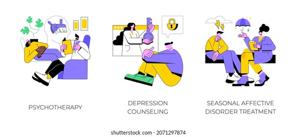 Mental health abstract concept vector illustration set. Psychotherapy, depression counseling, seasonal affective disorder treatment, behavioral cognitive therapy, private session abstract metaphor.