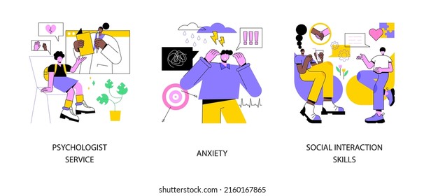 Conjunto de ilustraciones vectoriales del concepto abstracto de salud mental. Servicio de psicólogos, ansiedad, habilidades de interacción social, psicología familiar, terapia infantil, ataque de pánico, metáfora abstracta de redes sociales.