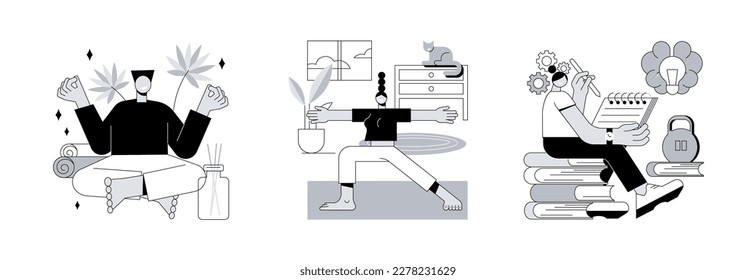 Conjunto de ilustraciones vectoriales del concepto abstracto de salud mental. Conciencia, yoga en el hogar, aptitud mental, autoconciencia, enfoque y liberación de estrés, tratamiento de ansiedad, metáfora abstracta de cuarentena.