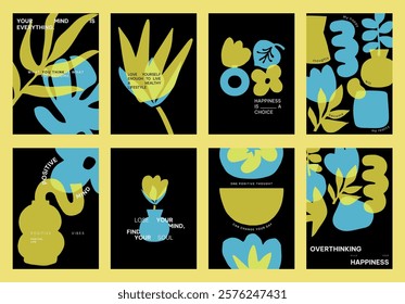 Mental health abstract poster template set with yellow and blue vector shapes. Positive quotes vector posters. Mental health template vector with blue and yellow colors and motivational text, set.