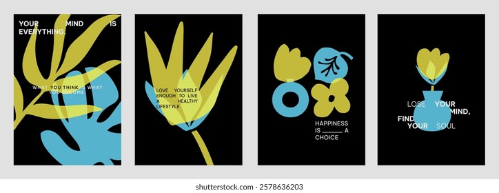 Mental health abstract poster template set with yellow and blue vector shapes. Positive quotes vector posters. Mental health template vector with blue and yellow colors and motivational text, set.