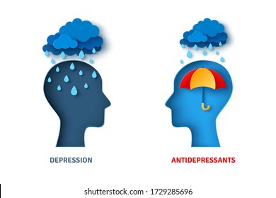 Mental health, antidepressants and depression psychology concept. Vector illustration. Blue man head silhouette isolated on white background for psychotherapy design. Rain and umbrella.