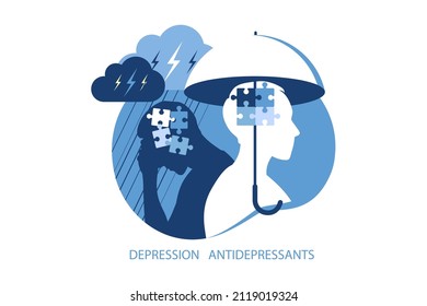 Mental health, antidepressants and depression psychology concept. Two man different states of consciousness mind - depression and positive mental health mood. Vector illustration. Flat