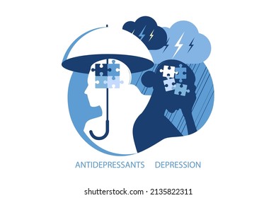 Mental health, antidepressants and depression psychology concept. Two woman different states of consciousness mind - depression and positive mental health mood. Vector illustration. Flat