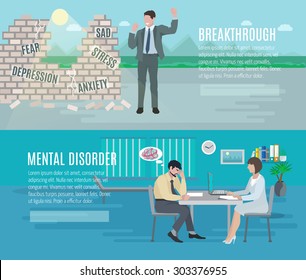 Mental health anxiety disorder breakthrough with psychiatrist counseling 2 flat horizontal banners set abstract isolated vector illustration