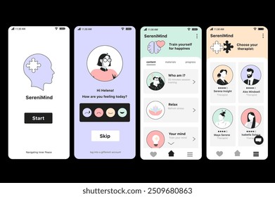 Conceito de aplicativo de saúde mental em design plano. Esta interface de aplicativos móveis mostra o SereniMind, um aplicativo de saúde mental focado em autoatendimento e escolha terapêutica. Ilustração de vetor.