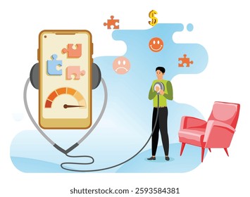 Mental Health App Therapy and Well being Concepts. Portraying emotional and mental therapy app with supportive therapy and relaxation elements. Flat vector modern illustration 