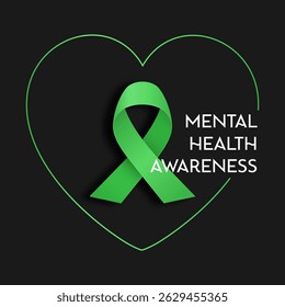 Mental Health Awareness background with a green ribbon and heart 