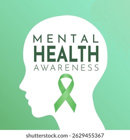 Mental health awareness background with a silhouette of a head and green ribbon