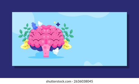 mental health and awareness banner concept. world brain day. maintaining brain health to prevent neurological disorders. illustration of a pink brain. memory puzzle. horizontal blue background. flat