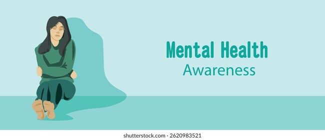 Mental health awareness, banner vector illustration of a person feeling sad and depressed.