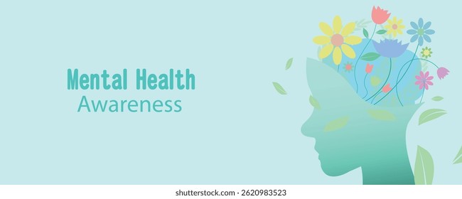 Mental health awareness, banner vector illustration of human head and brain with flowers growing.	