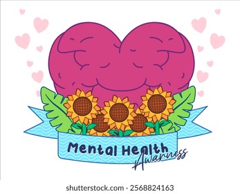 Mental health awareness care support selfcare embrace help treatment mentally problem sunflowers heart shaped brain love background blue ribbon with leaves design