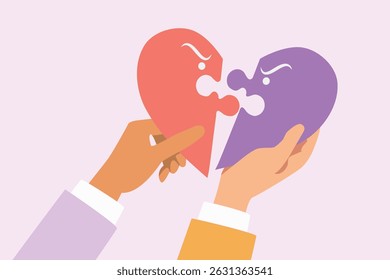 mental health awareness concept, business conflict, fight argument concept, hand holding angry yelling scream heart jigsaw puzzle, cartoon vector