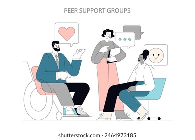 Mental Health Awareness concept. Diverse individuals engage in a supportive group discussion, promoting emotional wellbeing. Vector illustration.