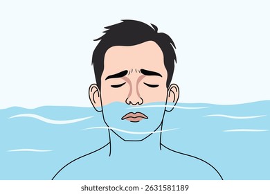 mental health awareness concept, drowning man in water, mix emotion of nervous anxious anxiety stress , cartoon vector	