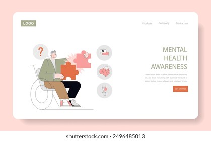 Mental health awareness concept. An elderly man interacting with puzzle pieces representing challenges alongside mental health symbols. Vector illustration.