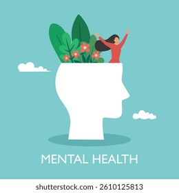 Mental health awareness concept. Happiness woman with flowers in human brain vector illustration.
