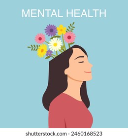 Mental health awareness concept. Happy female head with flowers inside. Mindfulness, positive thinking, self care idea.