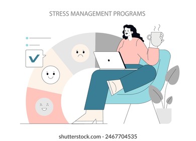 Mental Health Awareness concept. A relaxed woman with a laptop participating in a stress management program. Positive mindset, self-care routine. Vector illustration.