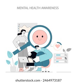 Concepto de conciencia de salud mental. Asistencia y cuidado con un enfoque en el bienestar emocional. Fomentar un ambiente de trabajo positivo. Ilustración vectorial.