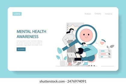 Mental Health Awareness concept. Supportive character comforting a person at a computer desk. Coping with stress and emotional well-being. Vector illustration.