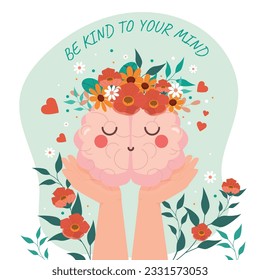 Mental Health Awareness Concept with Two Hands Carrying Cute Brain