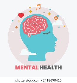 Mental Health Awareness concept vector illustration. Human abstract profile with Brain and heart. World mental health day