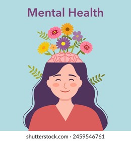 Concepto de conciencia de salud mental. Mujer con flores en la cabeza.