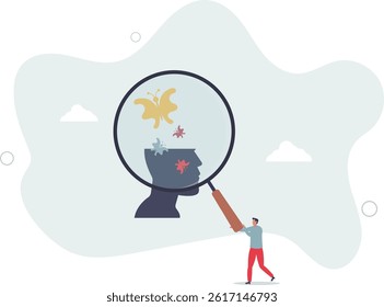 Mental health awareness and emotional inner self care.Psychology or psychotherapy research to help people solve mind problems.flat character life .