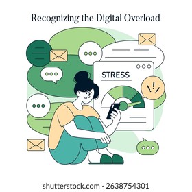Mental Health Awareness focuses on recognizing digital overload. This illustration shows a woman identifying stress through digital communication, highlighting the impact of technology on mental well
