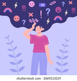 Mental health awareness. Girl with inner problems. Character standing with flowers in her hair. Psychological assistance, psychotherapy. Selfcare, emotional. Cartoon flat vector illustration