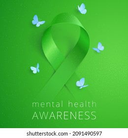 Mental health awareness. Green ribbon loop appears from the emerald background. Five light blue butterflies meditative circling around the sign. Vector sticker for spring mental health care campaign