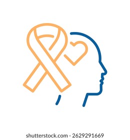 Mental health awareness icon. Vector thin line illustration with editable stroke showing support ribbon, empathy and psychological care. Human head silhouette with heart inside.