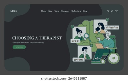 Mental Health Awareness illustration. Focus on the process of choosing a therapist in a supportive environment. Highlights the importance of making informed decisions for mental well-being. Vector