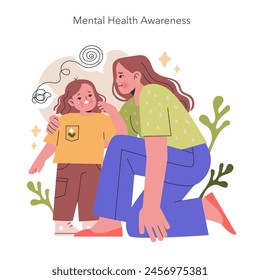 Mental Health Awareness illustration. Mother comforts child, fostering emotional well-being and support in a nurturing family environment. Vector illustration.